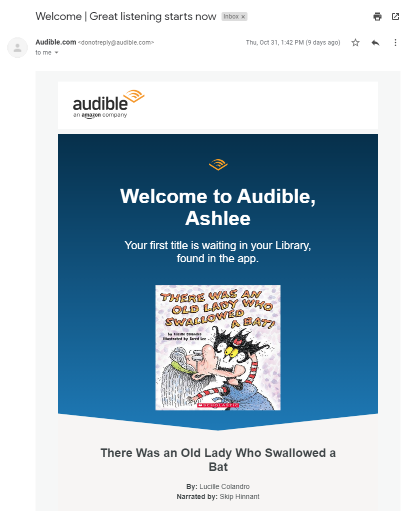 An email welcoming us to Audible, which we had been subscribed to unbeknownst to us.