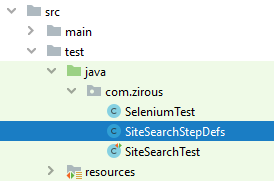 The SiteSearchStepDefs are in the same folder as the SiteSearchTest