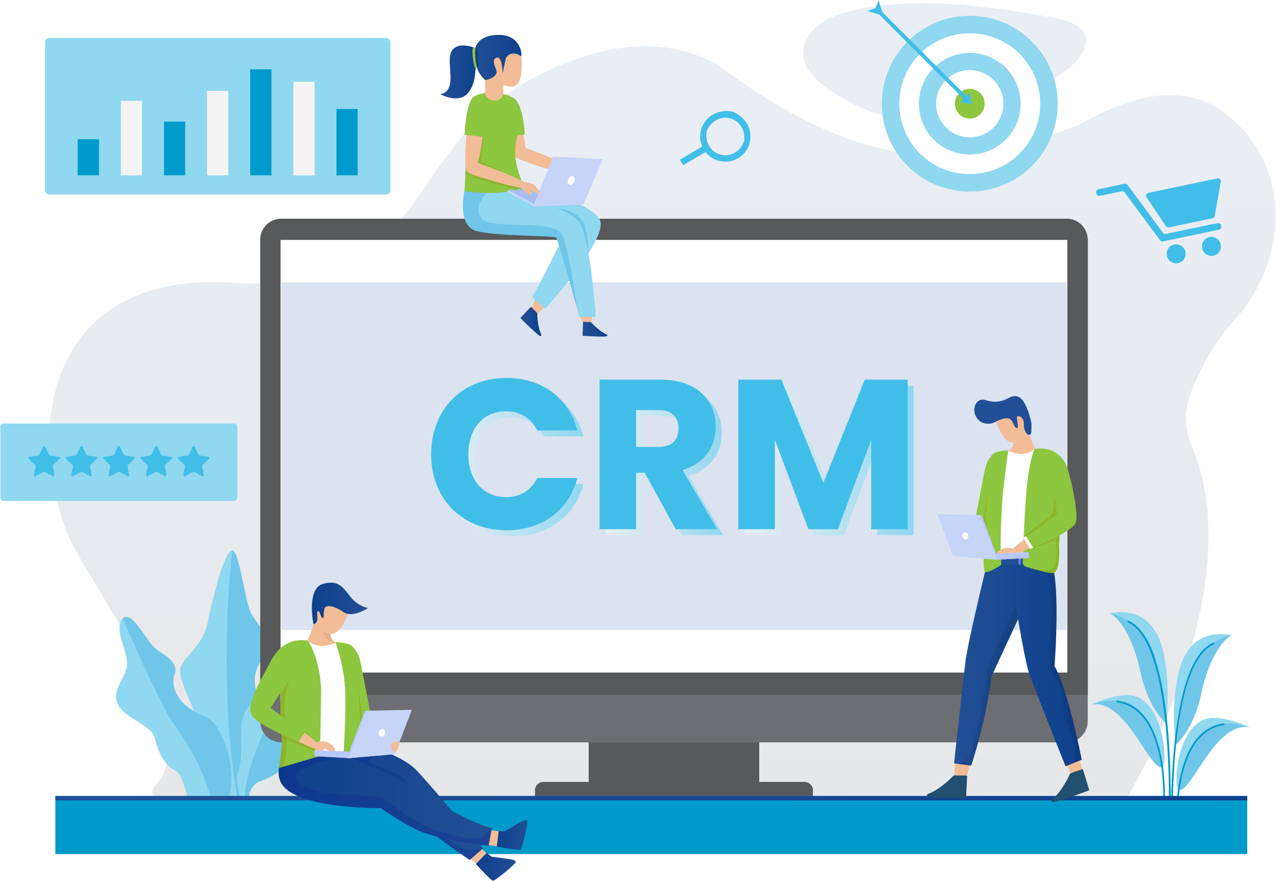 People sitting around a desktop computer that reads CRM. There are graphs and targets surrounding the screen.