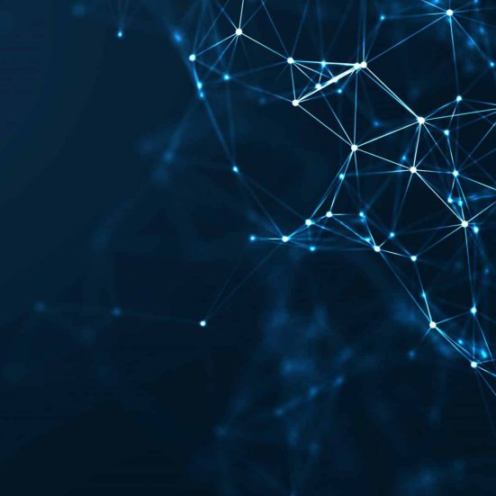 Abstract connected dots and lines on blue background. Communication and technology network concept with moving lines and dots.