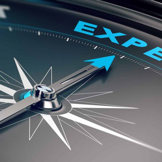 Compass with needle pointing the word expert, concept image to illustrate business consulting and advisory.