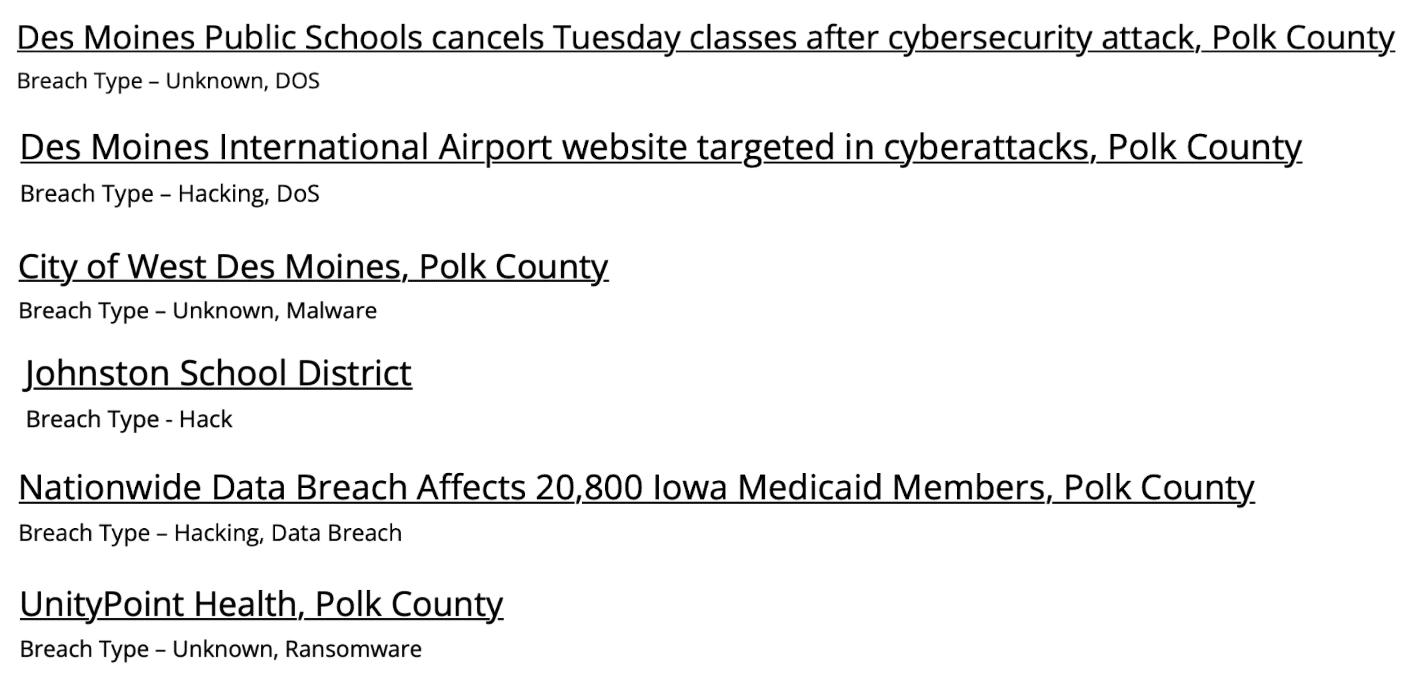 Security breach list