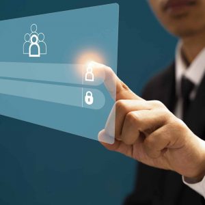 Man touching an login form account website on a virtual touch sc Man touching an login form account website on a virtual touch screen