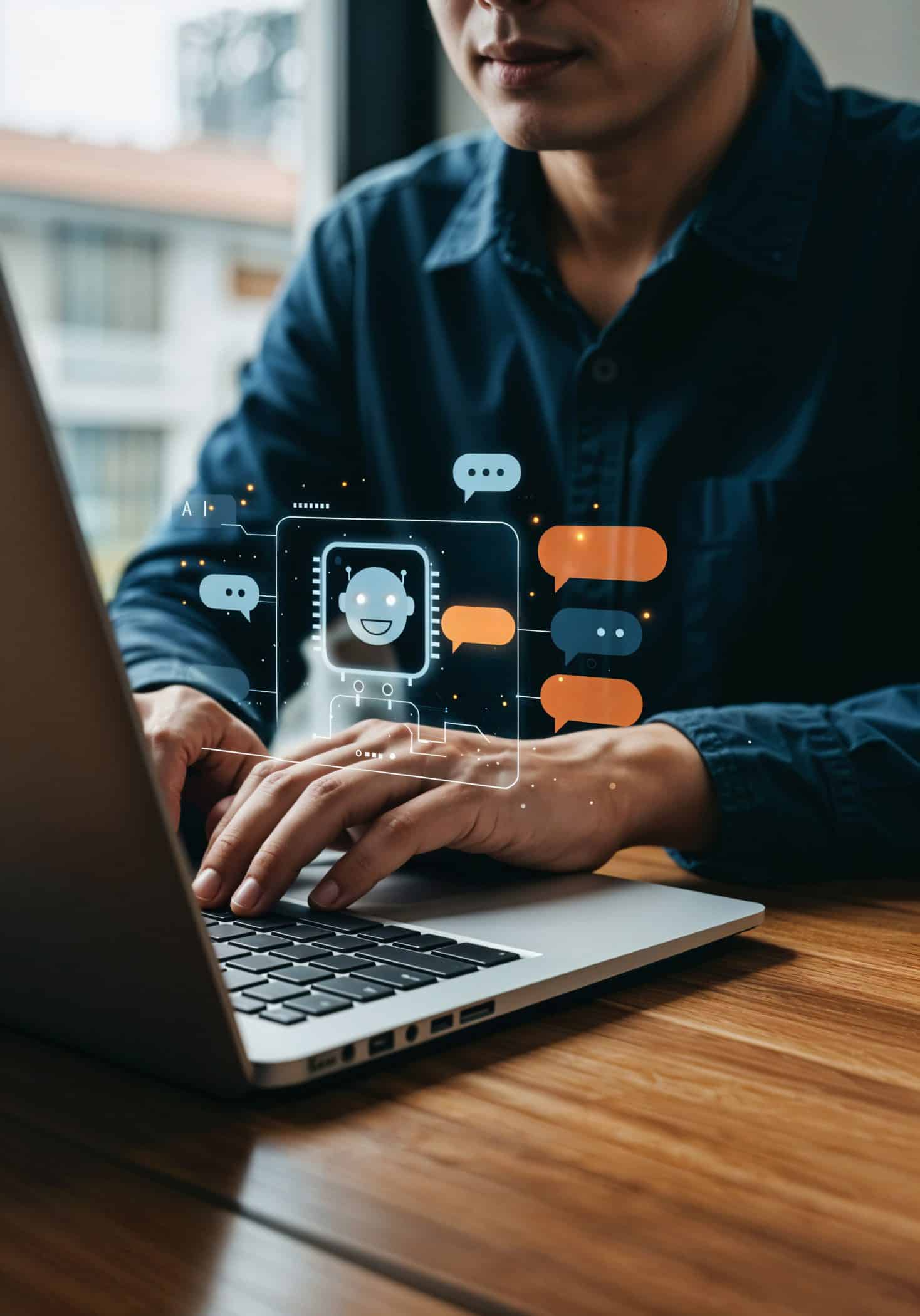 A person typing on a laptop with a digital chatbot interface illustration hovering above the keyboard, representing AI and conversational technology in business.