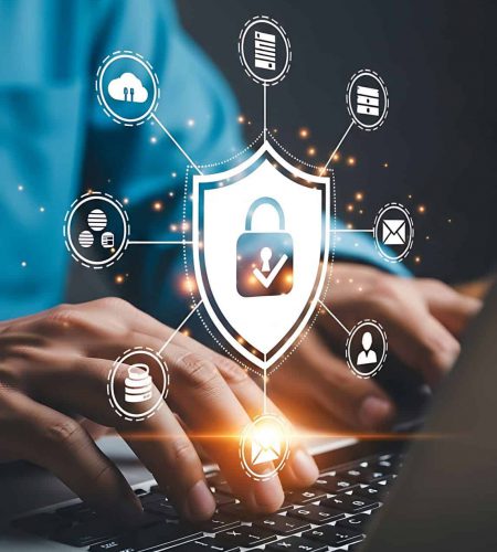 Protect your data with this compelling cybersecurity concept. The image depicts a laptop overlaid with digital graphics, emphasizing data protection and online safety. Keywords like cybersecurity, security, and privacy are visually represented through a shield and padlock, symbolizing encryption and secure access. Ideal for illustrating digital security strategies, internet security solutions, or presentations on digital transformation, this visual highlights the importance of safeguarding data and information in today's interconnected world.