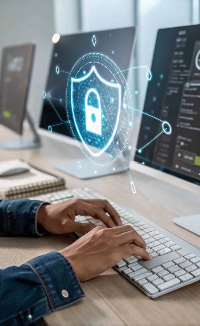 Cybersecurity concept, a person typing on a keyboard with a holographic shield and lock overlay