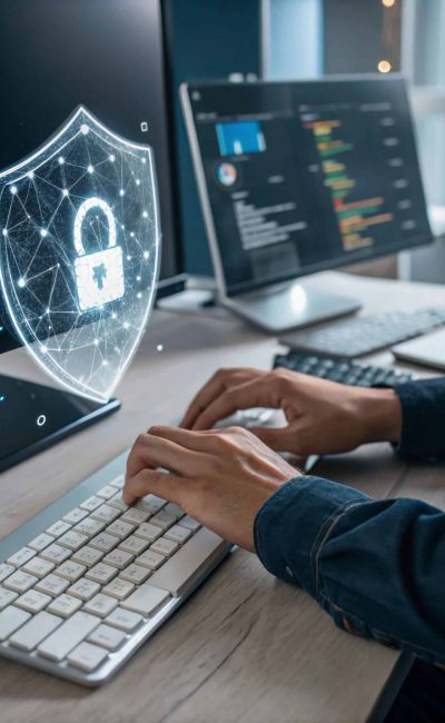 Cybersecurity concept, a person typing on a keyboard with a holographic shield and lock overlay