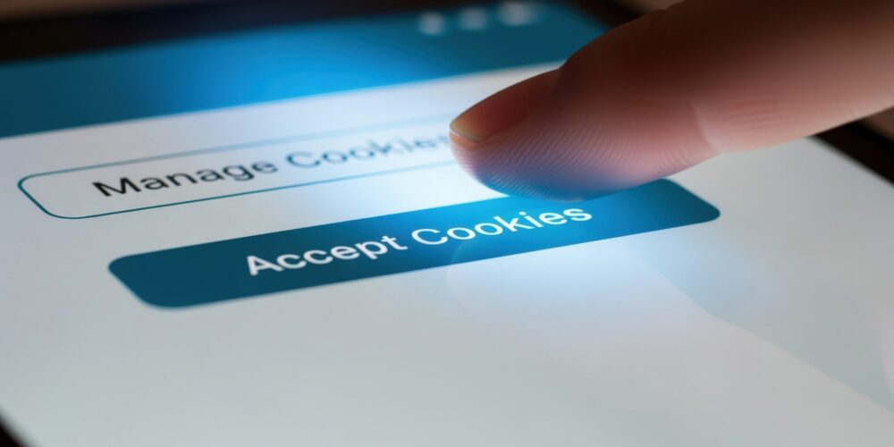 Finger Tapping 'Accept Cookies' Button on Smartphone Screen, Illustrating Internet Privacy and Consent