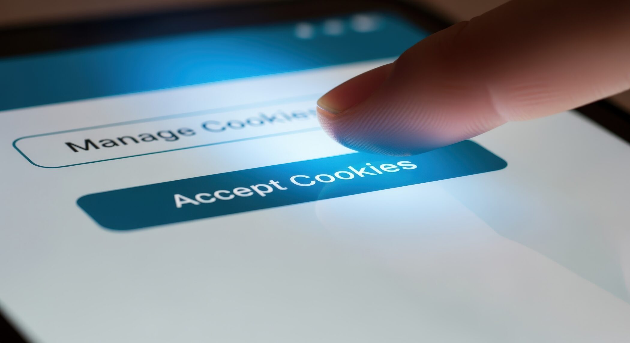 Finger Tapping 'Accept Cookies' Button on Smartphone Screen, Illustrating Internet Privacy and Consent
