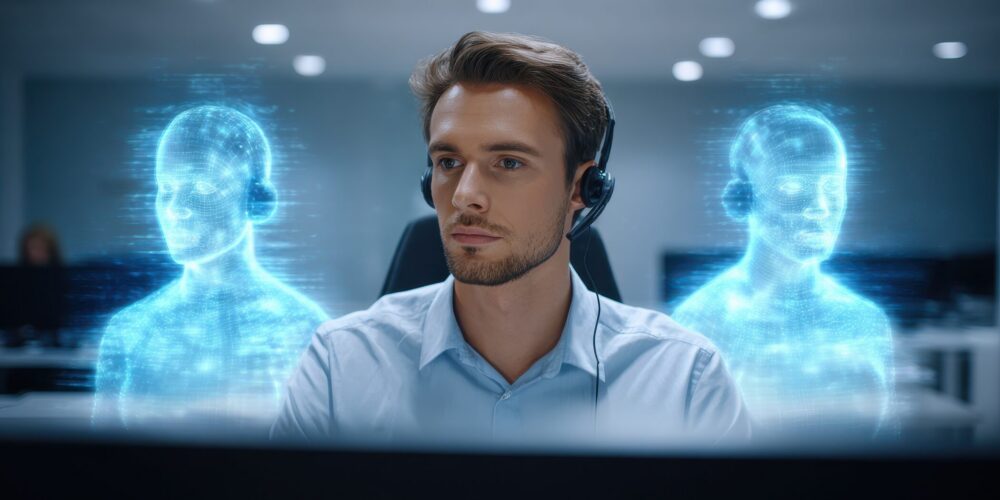 Customer Service agent with holograms behind him simulating Zendesk Copilot and Zirous