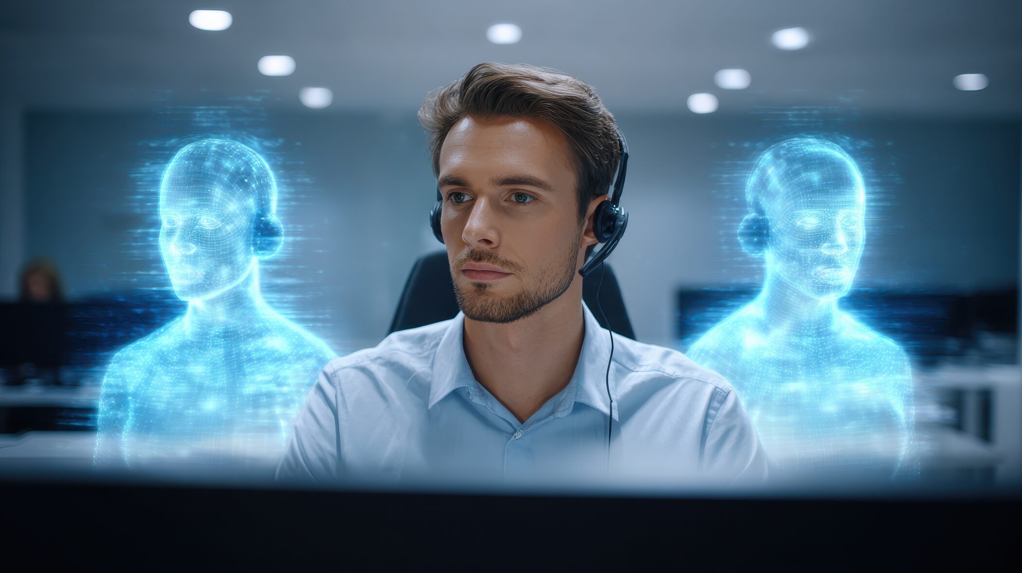 Customer Service agent with holograms behind him simulating Zendesk Copilot and Zirous