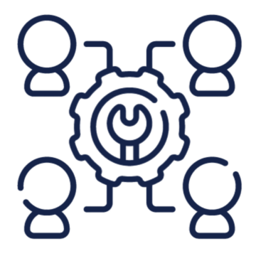 AI Catalyst Icon - Displays a connected gears with a network diagram to represent building AI across the organization